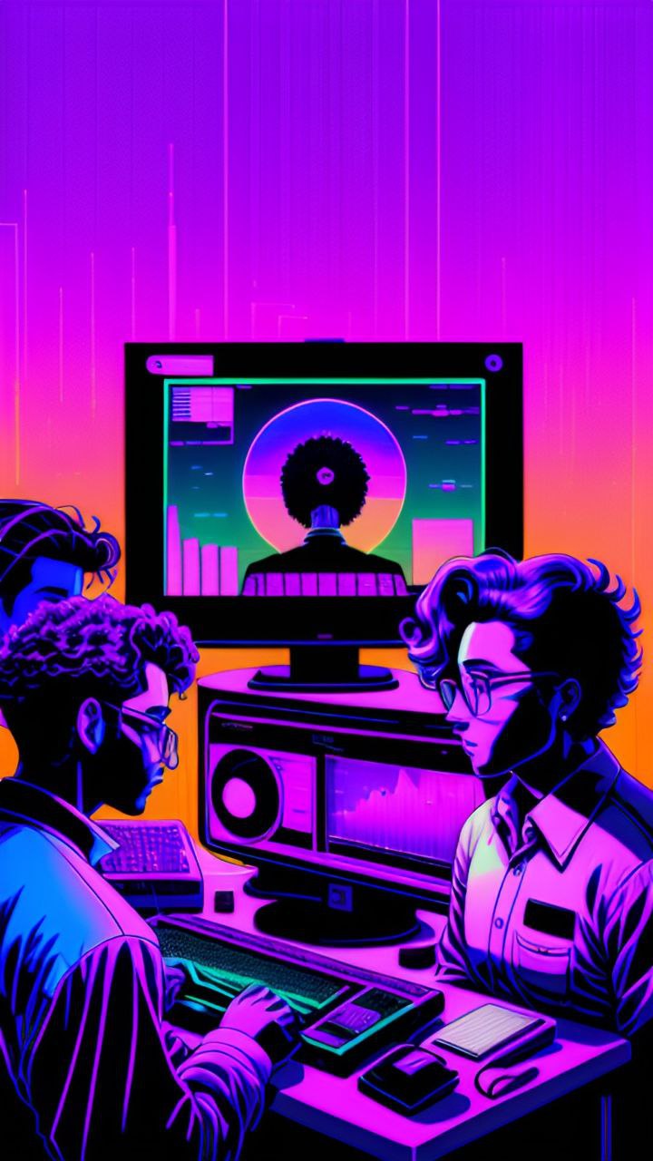 Scientists collaborating with a computer